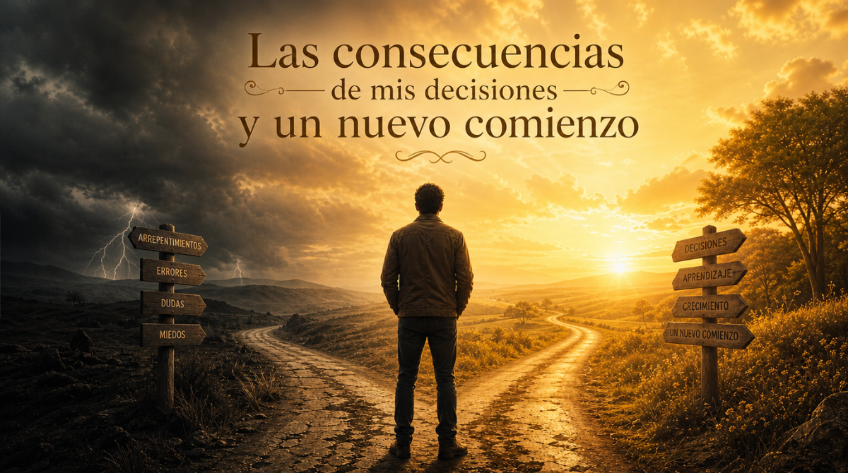 Hombre frente a dos caminos, de la tormenta hacia la luz, símbolo de las consecuencias de mis decisiones.